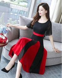 Elizy Women Black Plain Red KaliFlair Georgatte Maxi Dress - M